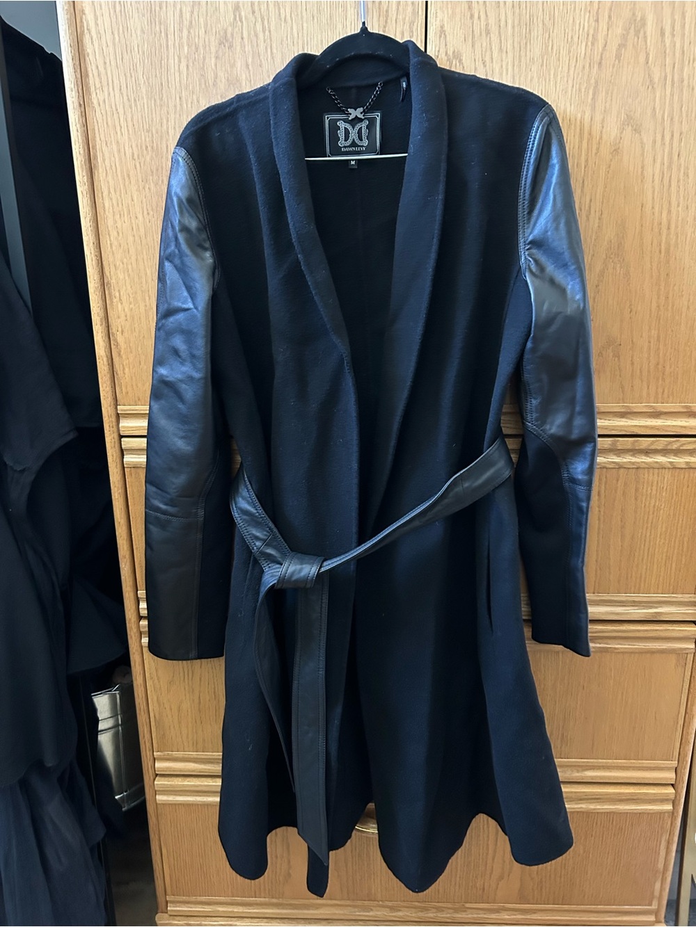 Dawn Levy Black Wool-Blend Trench Coat with Leather Sleeves